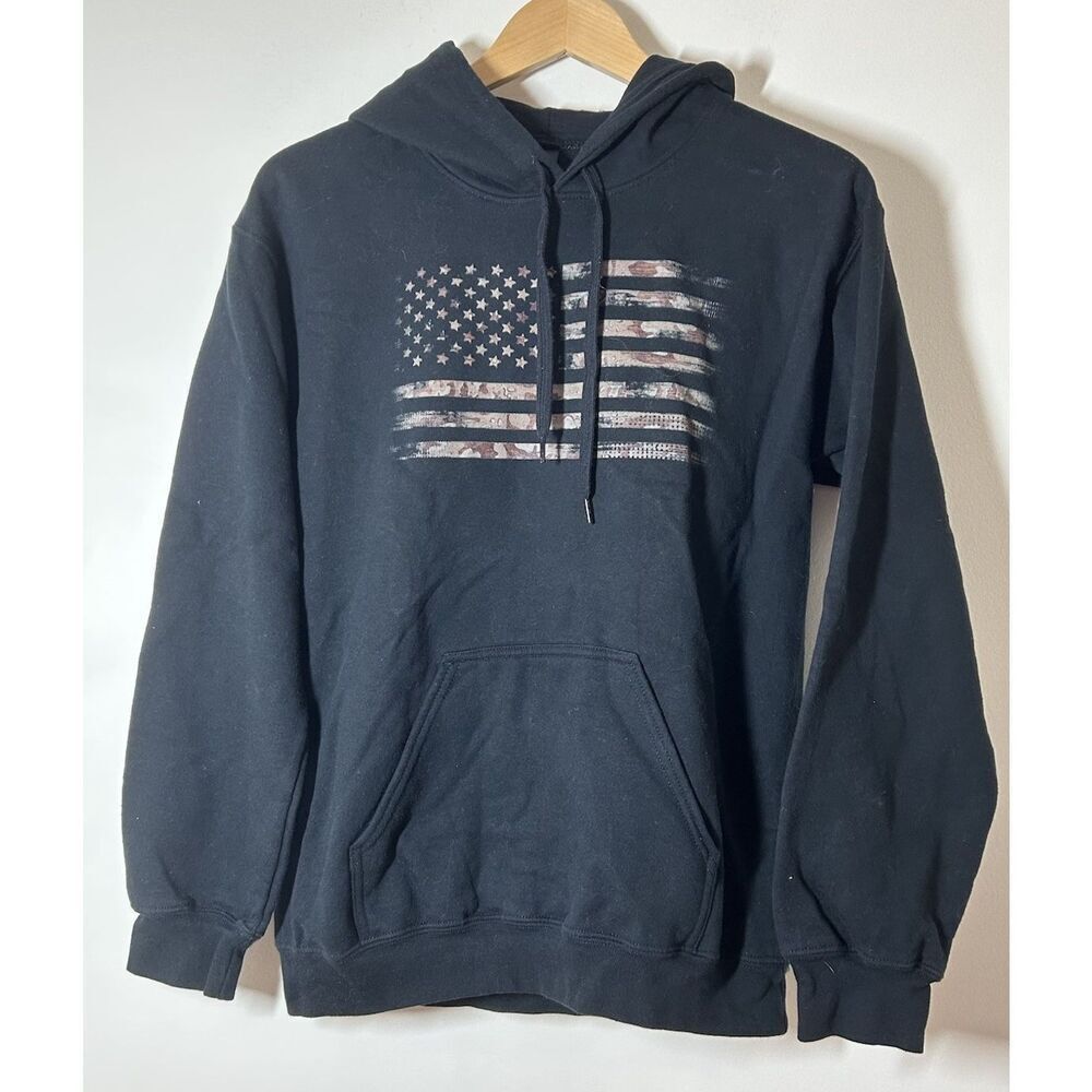 Gildan American Flag Sweatshirt Size XL Black Hoodie Pullover Sweater USA